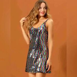 Allegra K Glitter Sequin V Neck Spaghetti  Strap Mini
Party Dress Size Large